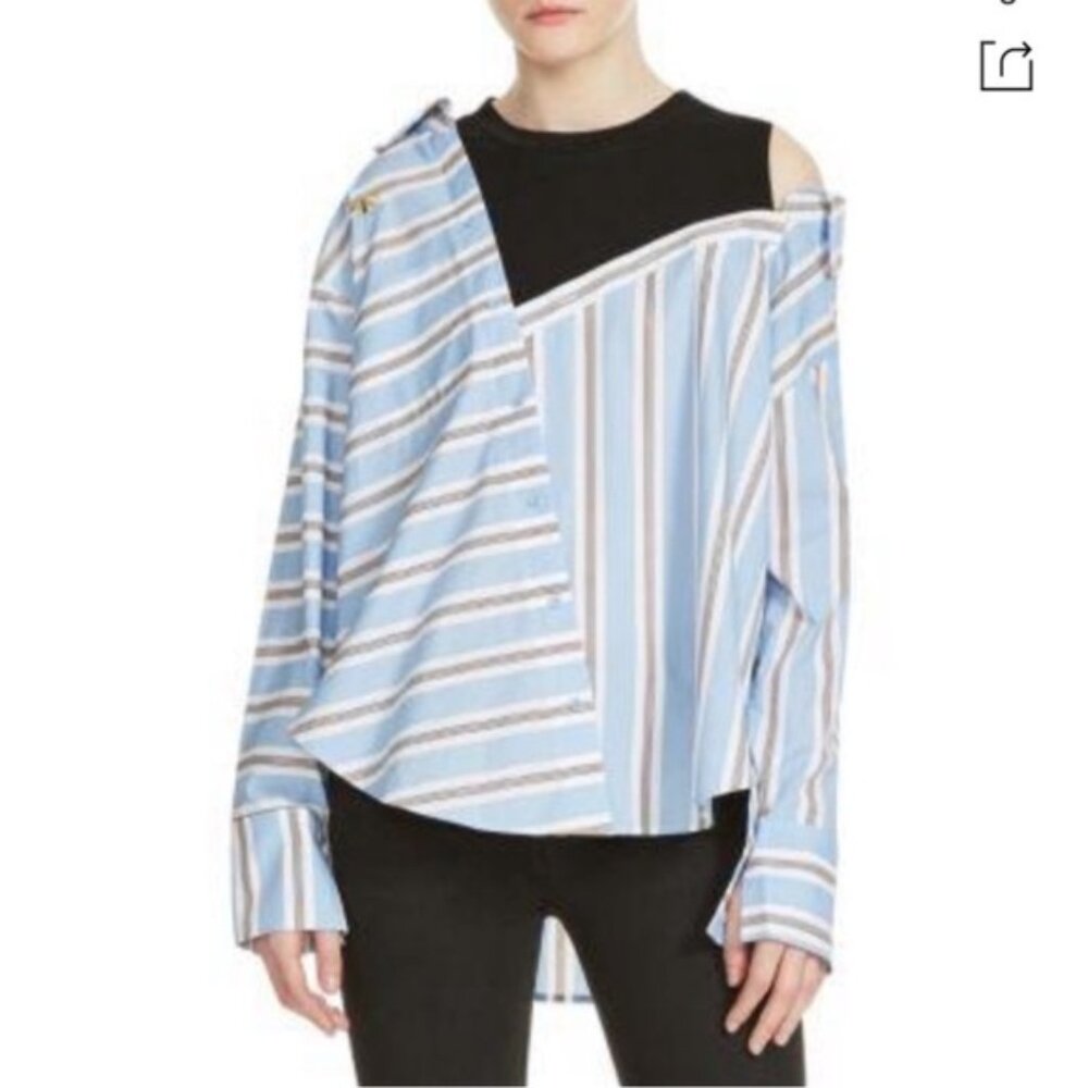 Maje Laivi Layered Button Up Collared Striped Dress Shirt Blue White